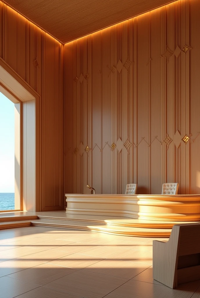 From an interior designer's perspective, You are going to design the interior of a courtroom using a mix of warm and cool colors with soft and hard shapes.. besides, The lighting of the space will be warm, and in the area where the stage is located there must be an accentuation of cold light. The walls of the entire space should be made of light wood with a pattern of interlaced lines that form small rhombuses.. The floor of the space must be made of porcelain, and the floor part of the platform should be made of old wooden boards. The roof must be made of cane. On some walls add gold and wood decorations. The judge's desk located at the back of the room must be made of natural wood in a curved shape with a pointed finish.. On the left side wall there should be a large floor to ceiling window with a view of the sea.. The spectators' benches must be made of worn wood..