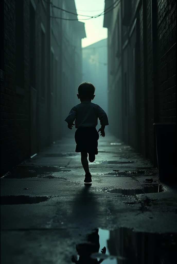 Silhouette of a child running across an alley