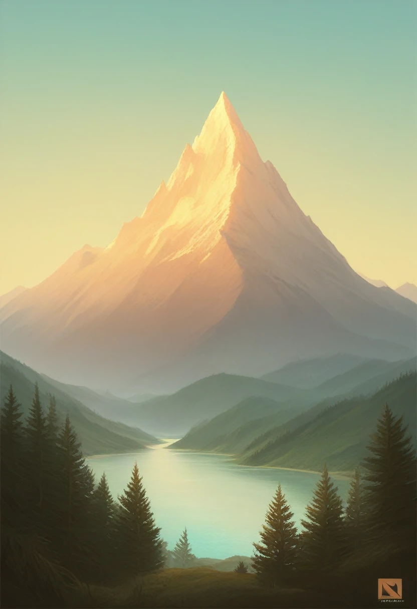 impressive painting of a mountain with trees and water, a detailed painting by Petros Afshar, shutterstock contest winner, environmental art, detailed painting, outlined art, 2d game art, isolated background for logo, strong contours, logo design
