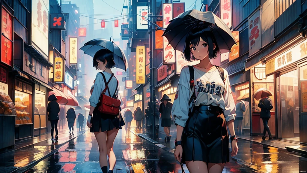 masterpiece, Highest quality, A girl walking down a rainy Tokyo street, short hair,holding an umbrella, with neon signs reflecting on the wet pavement, lyco art, a manga drawing, by Satoshi Kon, lofi hip hop, wlop : :, ukiyo, ukiyo-style, yukito kishiro.