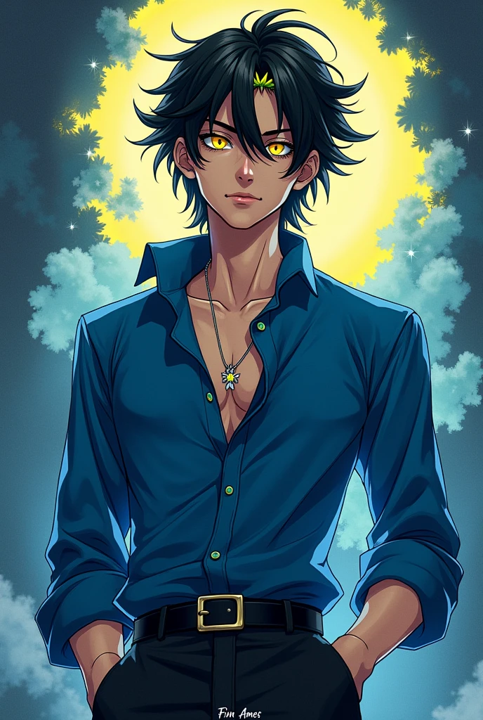 A handsome anime character student with yellow eyes with his soul of yokai screen photo wearing a blue shirt and black pants finn ames version in white Nostradamus style from Record ragnarok with medium long black and yellow hair