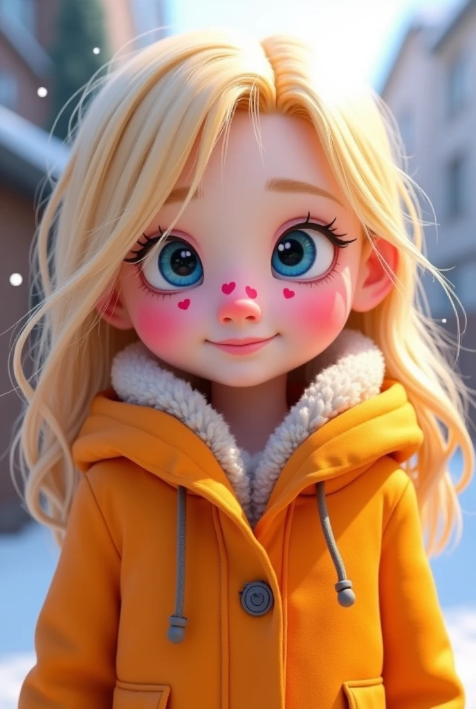 blonde with blue eyes, White skin and pink spots on her skin in the shape of a heart, wears an orange parka. Animation style
