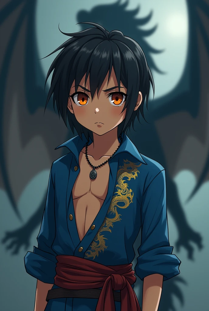, Blue Pirate Shirt Unbutton, Child 12 years old, round face, neck necklace,Hunting around his neck, serious face, Long Sleeve, Gold Dragon Pattern Shirt , Bright Orange Eyes, Firm Face, Long hair, black Hair, Handsome Man, Pirate Belt, Sword in hand , Blurred silhouette of a dragon in the shadows, , atmosphere , Anime manga style.