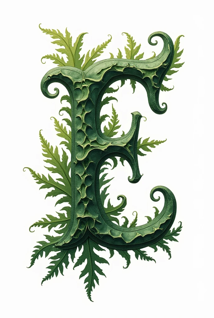"Uma letra 'E' com fonte blackletter, in impressionism style, loose brushwork, fern leaf texture. The pure white background"