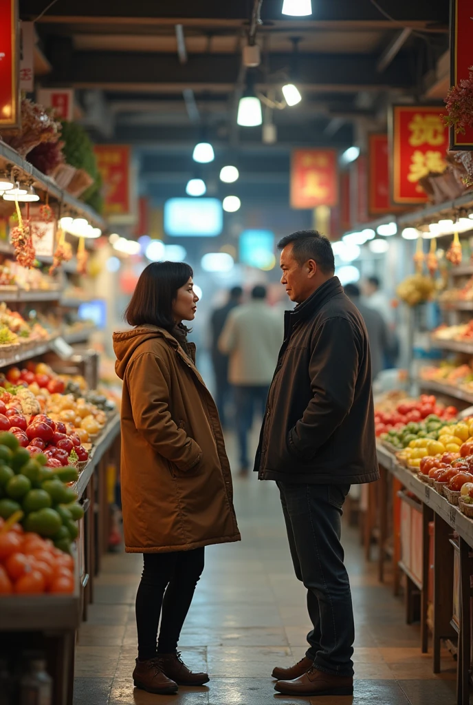 A Korean woman arguing with her Korean father at the market