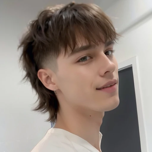 Boy with porcelain and smooth skin, He looks seriously at the camera while smiling slightly, Her hair is short and her skin is white, bad boy look