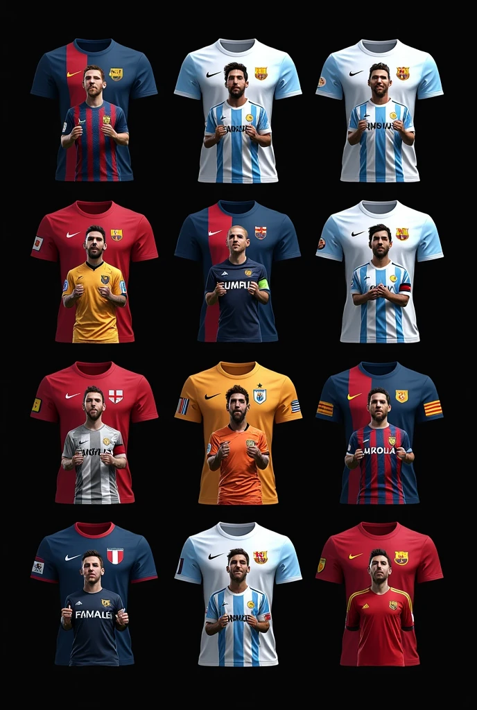  messi t-shirts, in three rows of three t-shirts on black background png, Organized by national teams and countries without dates 