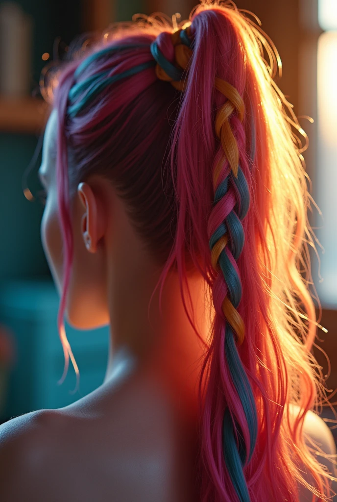 colorful hair, hair ribbon, Surrealism, movie light, close up, UHD, Highly detailed, Masterpiece