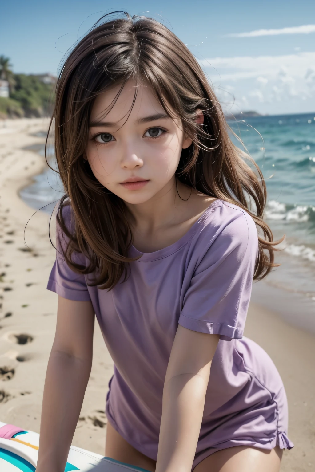 8K、12-year-old beautiful girl,、detailed beautiful faces、see-through camisole dresses、Being in the sea、strong breeze