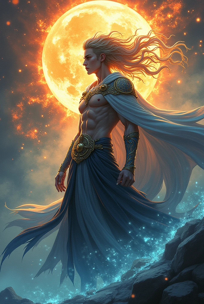 a young man in his twenties, he is from fantasy world, he is king of sun , he is tall and skinny but very athletic, he has very long dark orange hair and deep hazel eyes, he has medium tan, he is handsome, very beautiful, breathtaking beautiful he is real king amazing and brave, strong