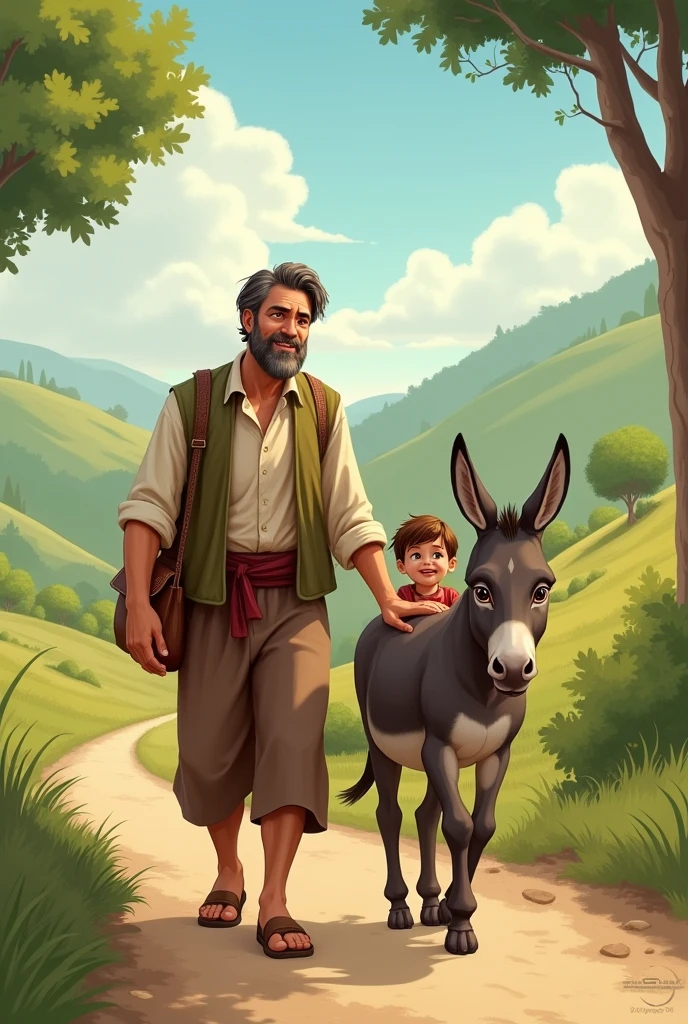 Father and his son had a donkey at home and they are going somewhere near home