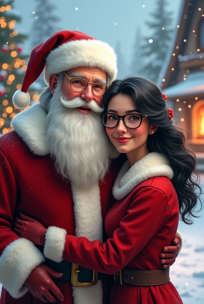 Santa Claus with his wife Black hair,glasses 