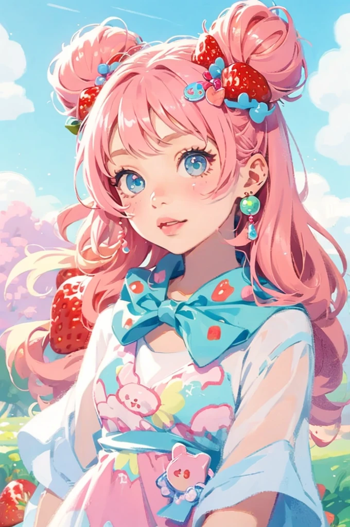 1 girl solo, ((strawberry)), pink hair buns, curly hair, cute dress, harajuku street fashion, decora fashion, beads and charms, many accessories, strawberry theme clothes, ,Kawaii, cute, pretty, anime, pastel,