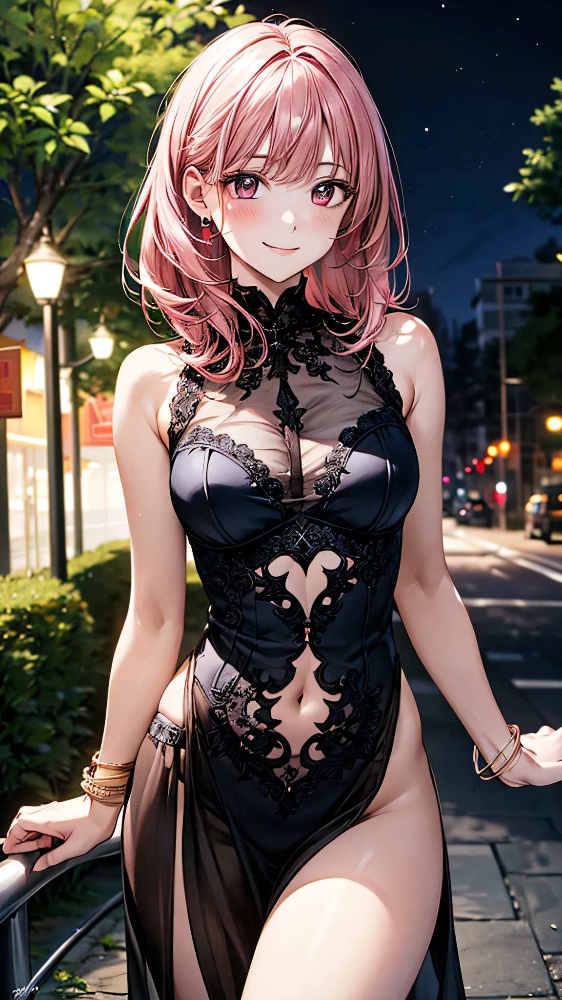 ((Highest quality, High resolution, masterpiece, detailed)),
Cowboy Shot, Written boundary depth, View your audience, Anatomically correct, woman, Shiny skin,
(Long Hair, Pink Hair),
Beautiful details, Beautiful Hair, Beautiful Face, Beautiful clavicle, Beautiful breasts, Beautiful body, Beautiful waistline, Beautiful thighs, Beautiful legs, Cleavage,
(See-through mini dress, Delicate embroidery, Opera Gloves),
(Beautiful views), night, Fantasy, (smile, Part your lips),