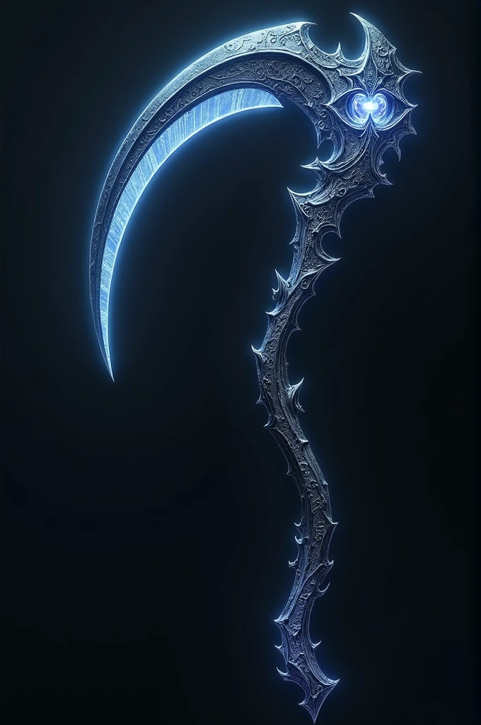 The Abyssal Scythe is a dark and elegant scythe, Forged from pure shadows and heavenly energy. Its curved, sharp blade looks like it's made of obsidian., glowing with a faint dark blue glow , The handle is adorned with ancient runes that glow with a silver light.