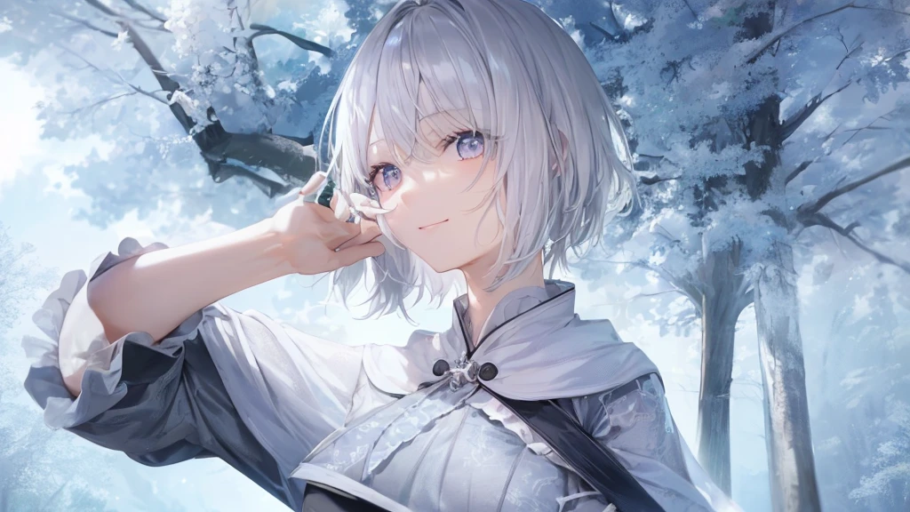 Ultra HD,Look at the viewers, Place your hands behind your back, With a girl, 20-year-old, 非常にshort hair, Long bangs between the eyes, Pale blue eyes, Very detailed,(masterpiece、Highest quality),Gray Hair、Laughter、wonderful, Silver Hair, iris, short hair、 Fluttering Hair、Small face、明るいsmile、(Detailed face) ,Professional Lighting,wonderful風景,blue sky, sunlight,Looking down from above,Portraiture、Open your mouth、Flower Field、Her eyes were shining、Mysterious and enchanting atmosphere。With AI Painting、とてもshort hair, Long bangs between the eyes, Very detailed,(masterpiece、Highest quality)、alone、Gray Hair、Fantasy, Silver Hair, Fantasyな風景、smile、Open your mouth、short hair、short hair、hairpin、black eye、Grey Eyes、Beautiful Eyes、Black Shirt、White hoodie