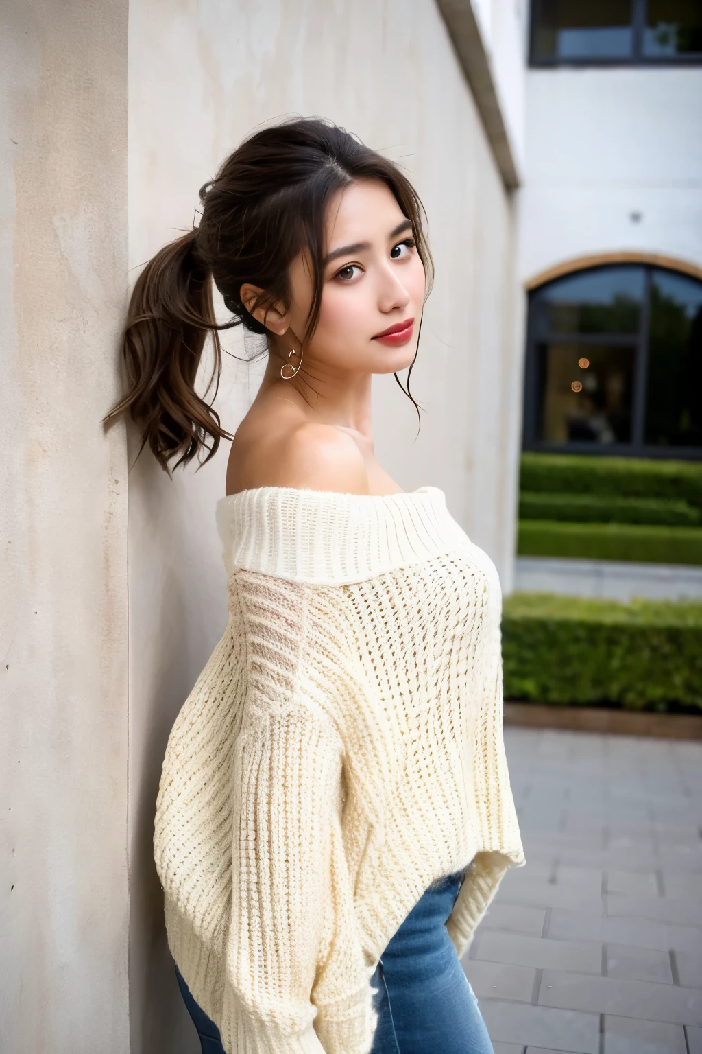 ((best quality)), ((masterpiece)), (detailed), 1girl, off-shoulder sweater,