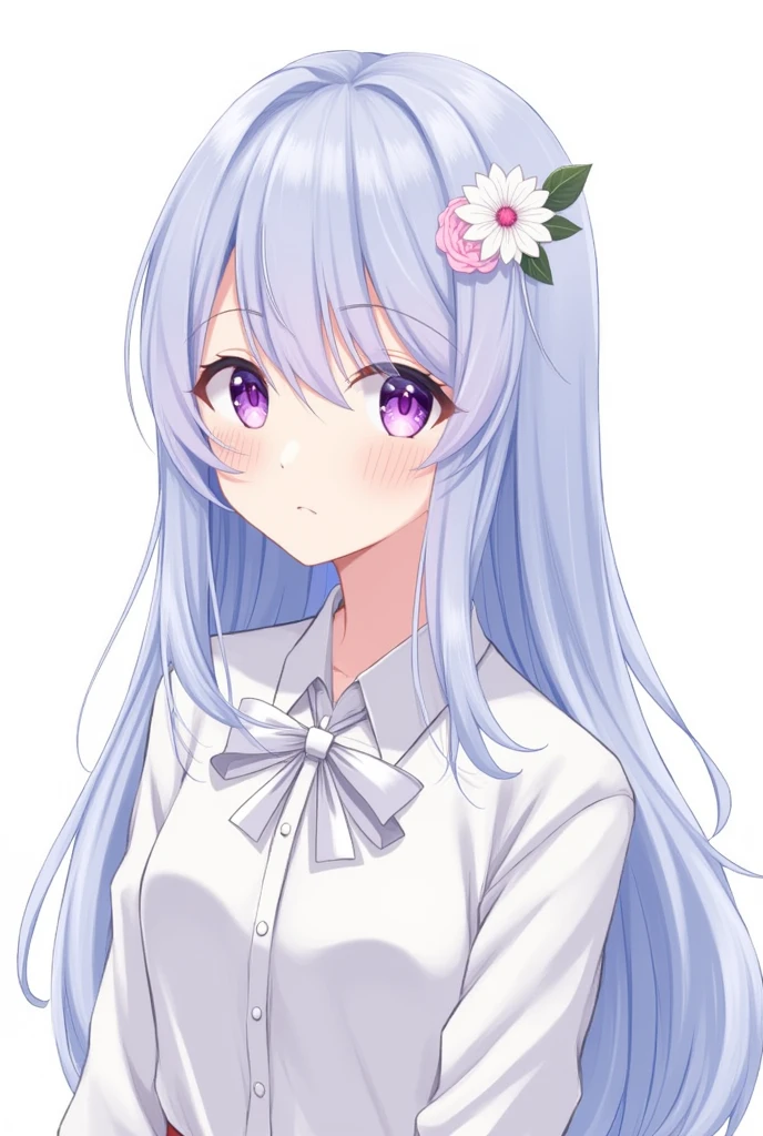 best quality, Masterpiece, very detailed, Detailed background, 1 girl, alone, long hair, flower, blue hair, white background, pink flower, พื้นหลังที่smoothง่าย, Brief history, upper body, shirt, white shirt, white flower, bow, smooth, purple eyes, leaf, Blush