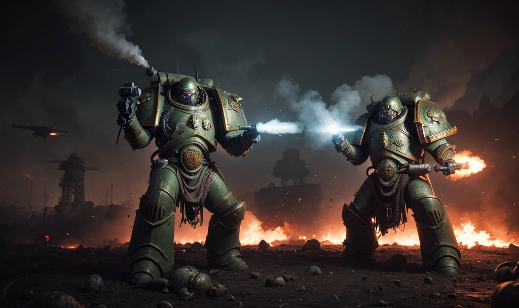 1man, titan, plaguemarine wearing putrid armor, toxic gas clouds, wearing helmet, skulls on armor,  mutated face, glowing eyes, standing proud, holding a big futuristic gun, firing, shooting, dynamic action poses, epic toxic war battlefield, Photorealistic, Hyperrealistic, Hyperdetailed, analog style, soft lighting, subsurface scattering, realistic, heavy shadow, masterpiece, best quality, ultra realistic, 8k, golden ratio, Intricate, High Detail, film photography, soft focus 