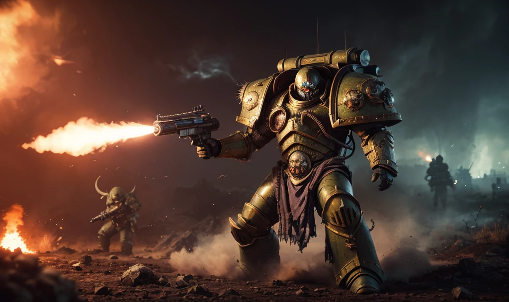 1man, titan, plaguemarine wearing putrid armor, toxic gas clouds, wearing helmet, skulls on armor,  mutated face, glowing eyes, standing proud, holding a big futuristic gun, firing, shooting, dynamic action poses, epic toxic war battlefield, Photorealistic, Hyperrealistic, Hyperdetailed, analog style, soft lighting, subsurface scattering, realistic, heavy shadow, masterpiece, best quality, ultra realistic, 8k, golden ratio, Intricate, High Detail, film photography, soft focus 