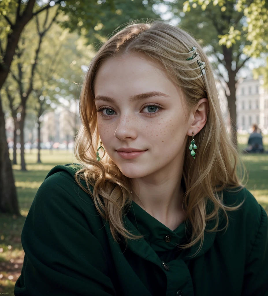 one women, Russian, Age 18, Pale skin and freckles, grauäugig, delicate nose, Soft and tender lips, removed, removed, wavy, long blonde hair, sweet smile, Face with delicate feminine features, High rendering quality , pretty earrings, in a green park
