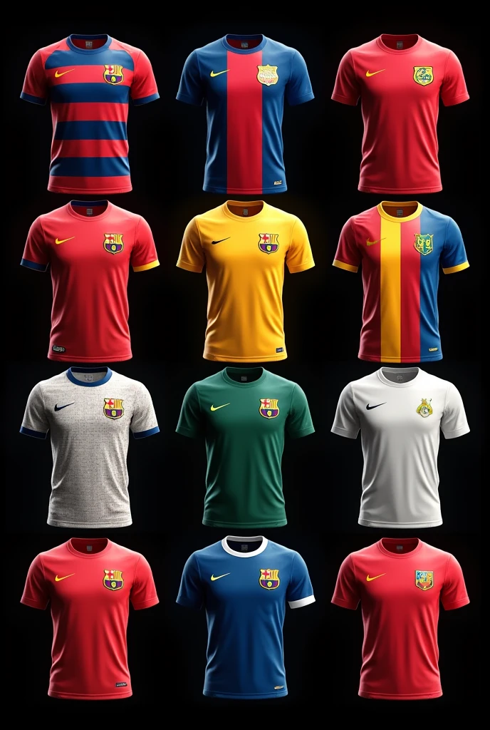All Messi's shirts, in three rows of three t-shirts on black background png, Organized by national teams and countries without dates