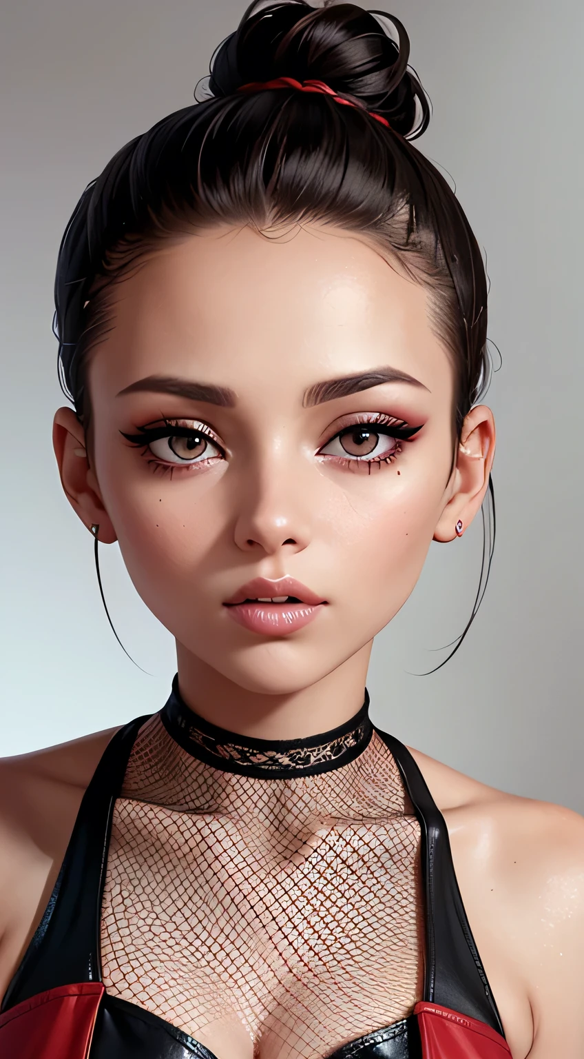 Amazing portrait of a sexy woman with her hair tied back in a high bun with her eyes emphasised by smokey eyeliner gazing at us seductively with her perfect lips parted wearing a red dress with black laces and fishnets