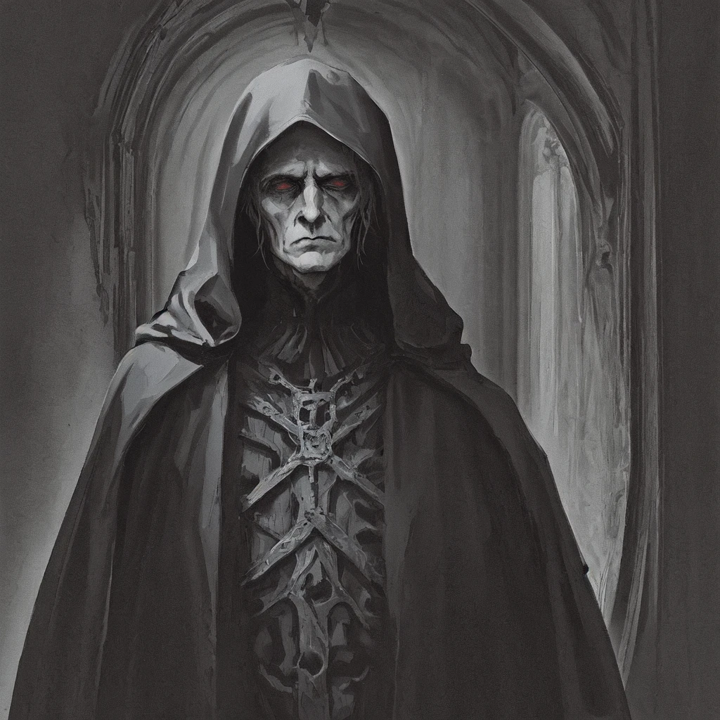 Gothic illustration, in a dark room a man in a black coat and hood, don&#39;t show your face too much