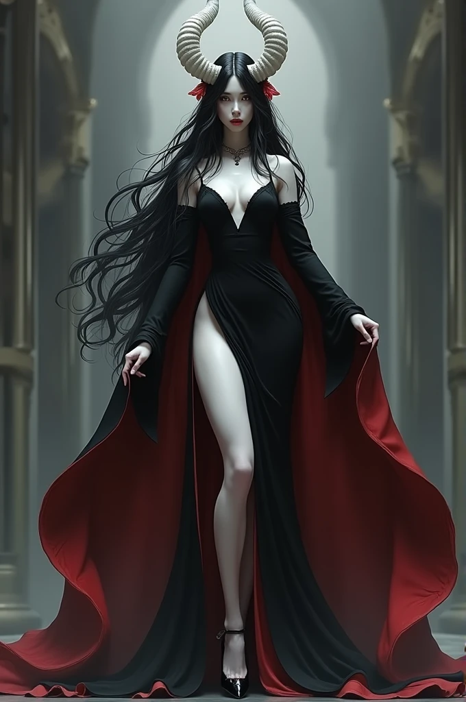 a demon noble princess who has long black hair and white horns, she wears a black dress on her white skin and she also wears heels combined with black and red. 