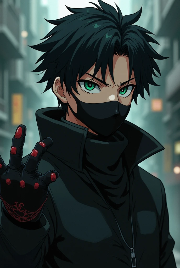 25 year old adult male anime style with black hair green eyes wearing a black face mask and fingerless gloves with a serious expression