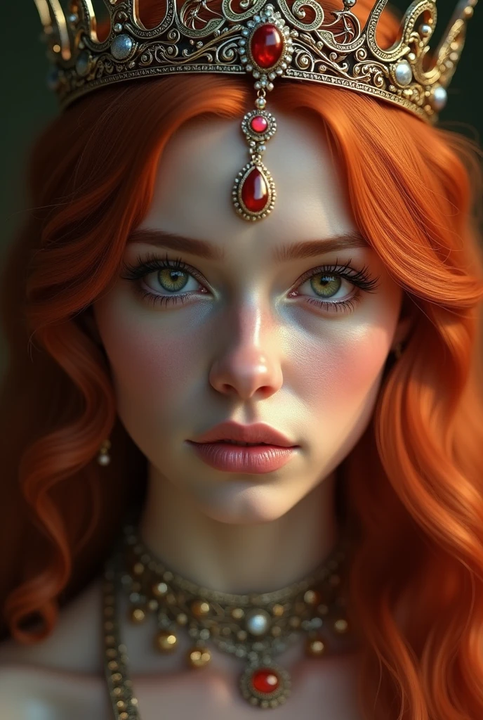 a redhead woman wearing a crown, detailed portrait, beautiful detailed eyes, beautiful detailed lips, extremely detailed face, long eyelashes, intricate jewelry, medieval fantasy, octane render, houdini vfx, cinematic lighting, dramatic shadows, highly detailed, 4k, by samdoesarts