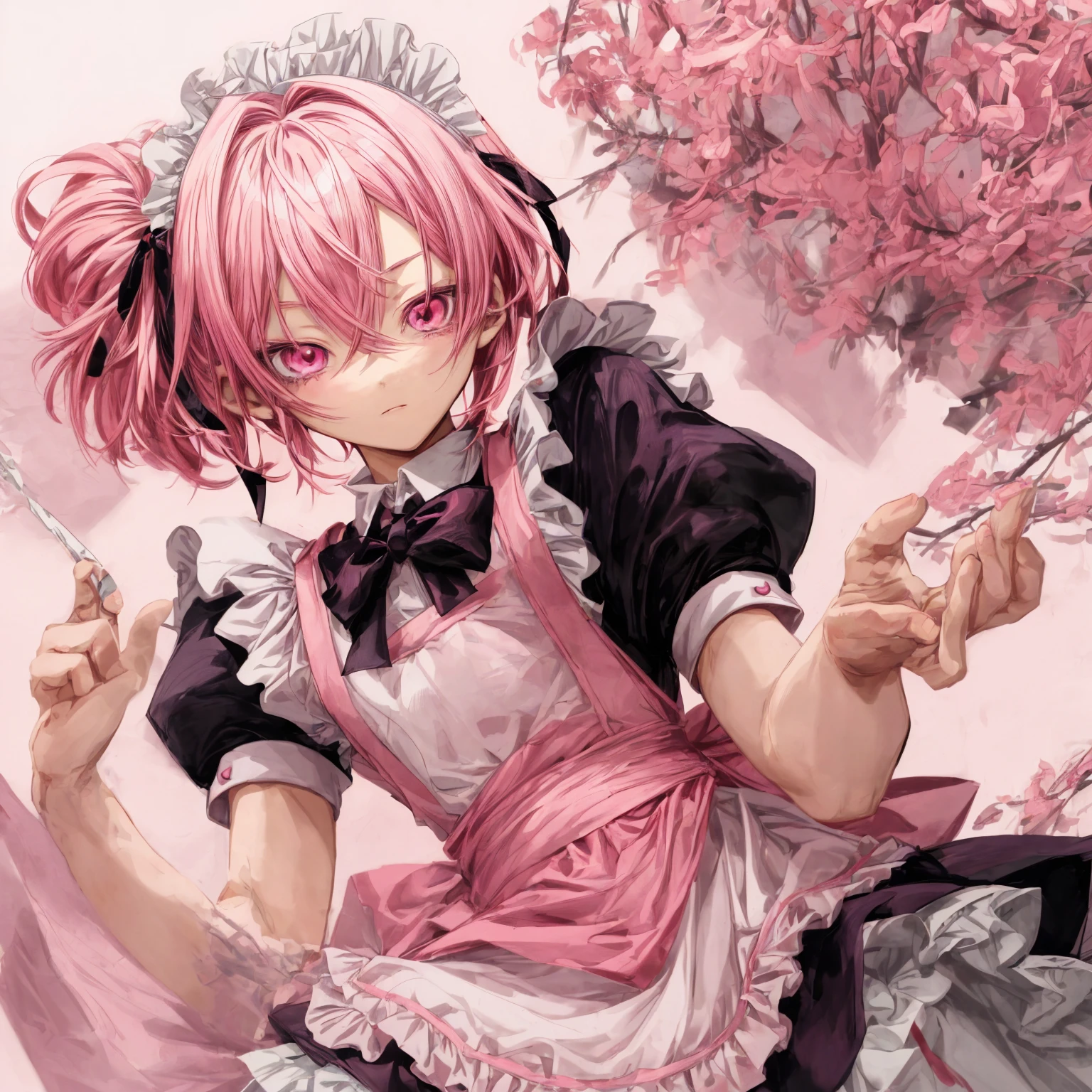 Cute anime boy, named hiroto, with pink hair, pink eyes, as a maid