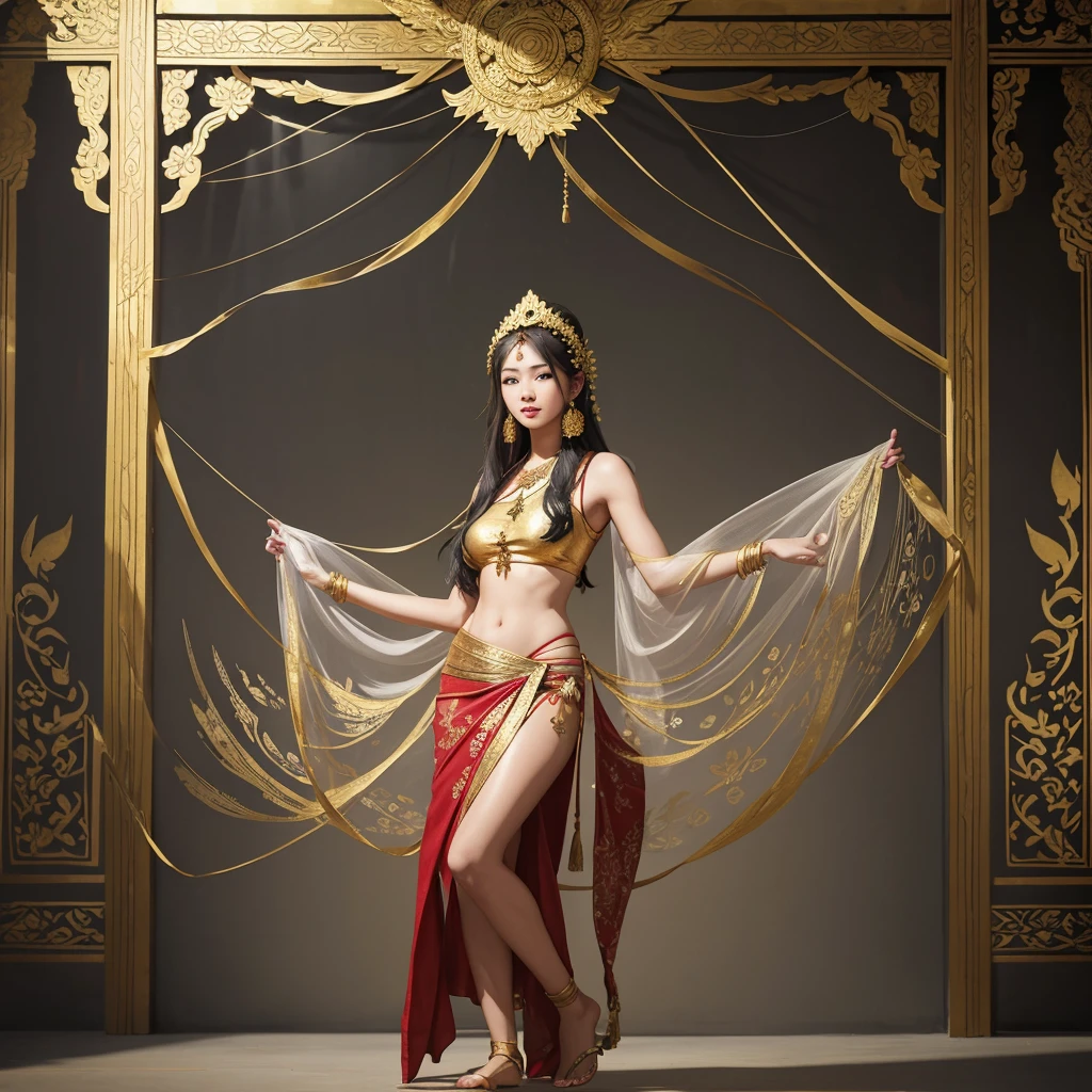 abstract light and shiny, gold and ink painting, full body view, long flowering hair adorned with flowers, Cambodian beauty, white tank top embroidered with gold filament and is ornated with jewelleries, red sarong with Khmer's patterns in red and green , minimalist, abstract old Khmer temple in gold-gray painting background, gold kintsugi and splash effects, realistic textures.