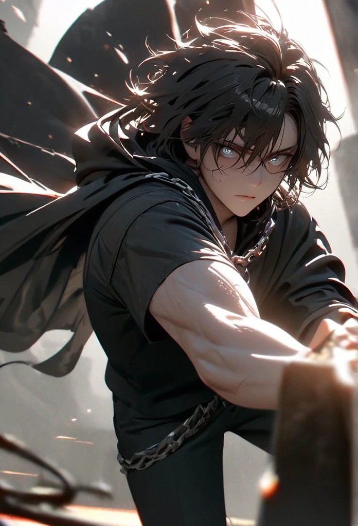 (solo), masculine, korean black hair, messy hair, mane hair, short hair, dense hair, expressive hair, mature,(25 year old), pale skin, grey eyes, ((man)), teacher, wearing black shirt, rolled up sleeves, black long pants, One shoulder has shoulder armor, black cape covering one arm, detailed eyes, dark, hood, the background is space in china. Silver chains everywhere, attractive, eye reflection, depth of field, thunder aura, cinematic lighting, ray tracing, depth of field, cinematic lighting, ray tracing, UHD, high details, best quality, highres, high quality, award winning, super detail, masterpiece, 8k, UHD, high details, best quality, highres, high quality, award winning, super detail, masterpiece, 8k, digital art, anime coloring, full body, body shot, good face, perfect face, detailed face, good eyes, in a fighting position, holding a sword.