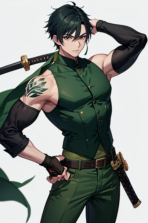 man in his 30s asian slim build muscles open military uniform green vest military print green pants black hair black eyes dark skin tattoo holding a katana