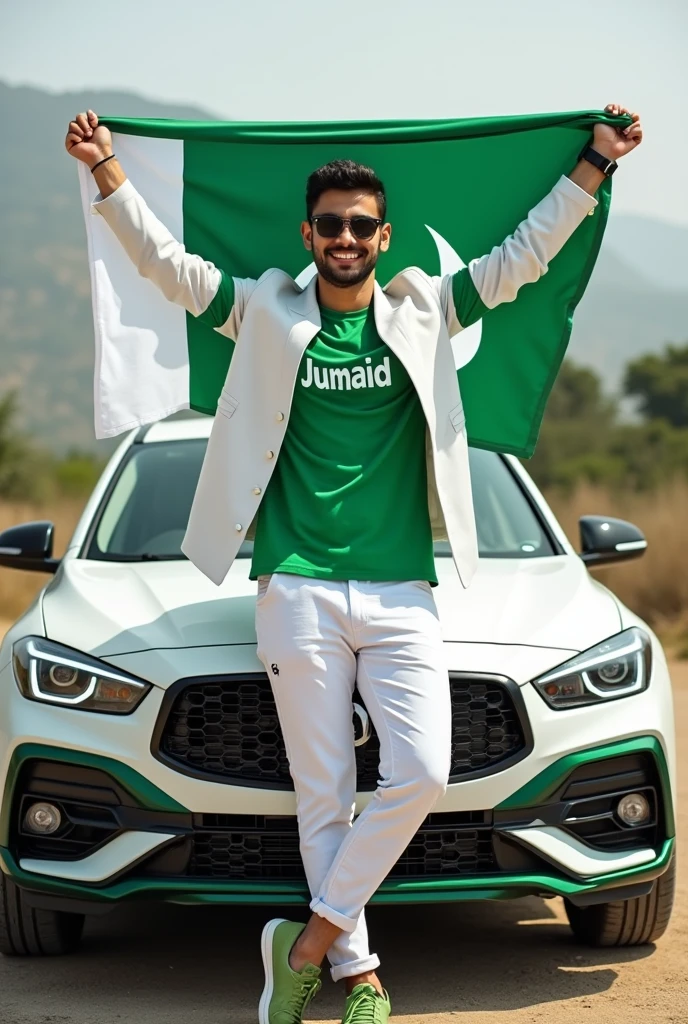 Create an Real image featuring a 25 year white boy
standing with the hood of a white and green new car,with Pakistan’s scenic background. He’s holding a big flag celebrating Pakistan’s 14th August. The boy wears a green T-shirt with ‘Junaid’ printed on it, white jacket, white pants, green shoes and sunglasses.