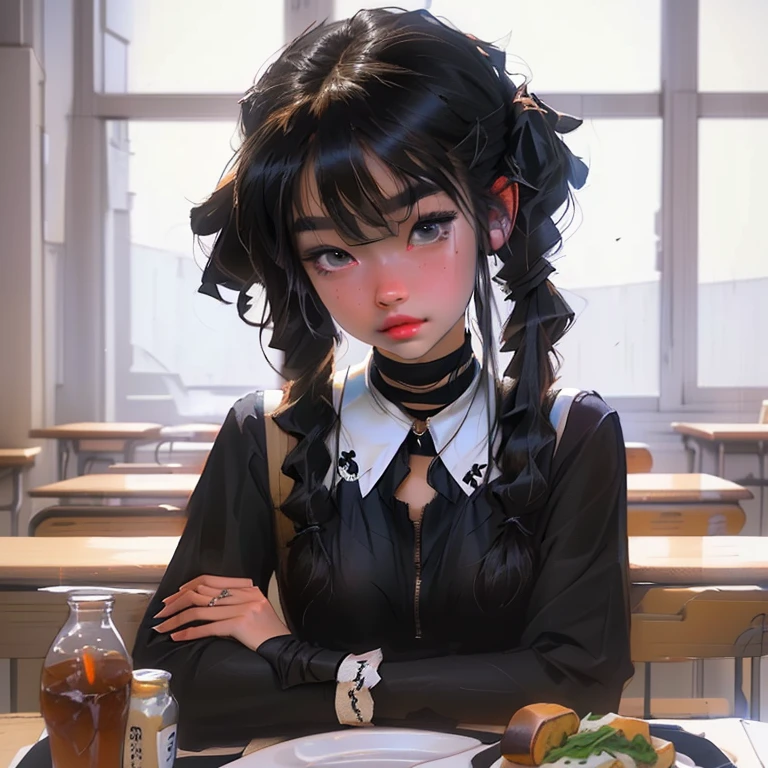 there is a woman sitting at a table with a plate of food, anime girl in a maid costume, anime girl in real life, a hyperrealistic schoolgirl, hyperrealistic schoolgirl, with black pigtails, realistic young anime girl, anime girl wearing a black dress, beautiful anime high school girl, young anime girl, 1 7 - year - old anime goth girl