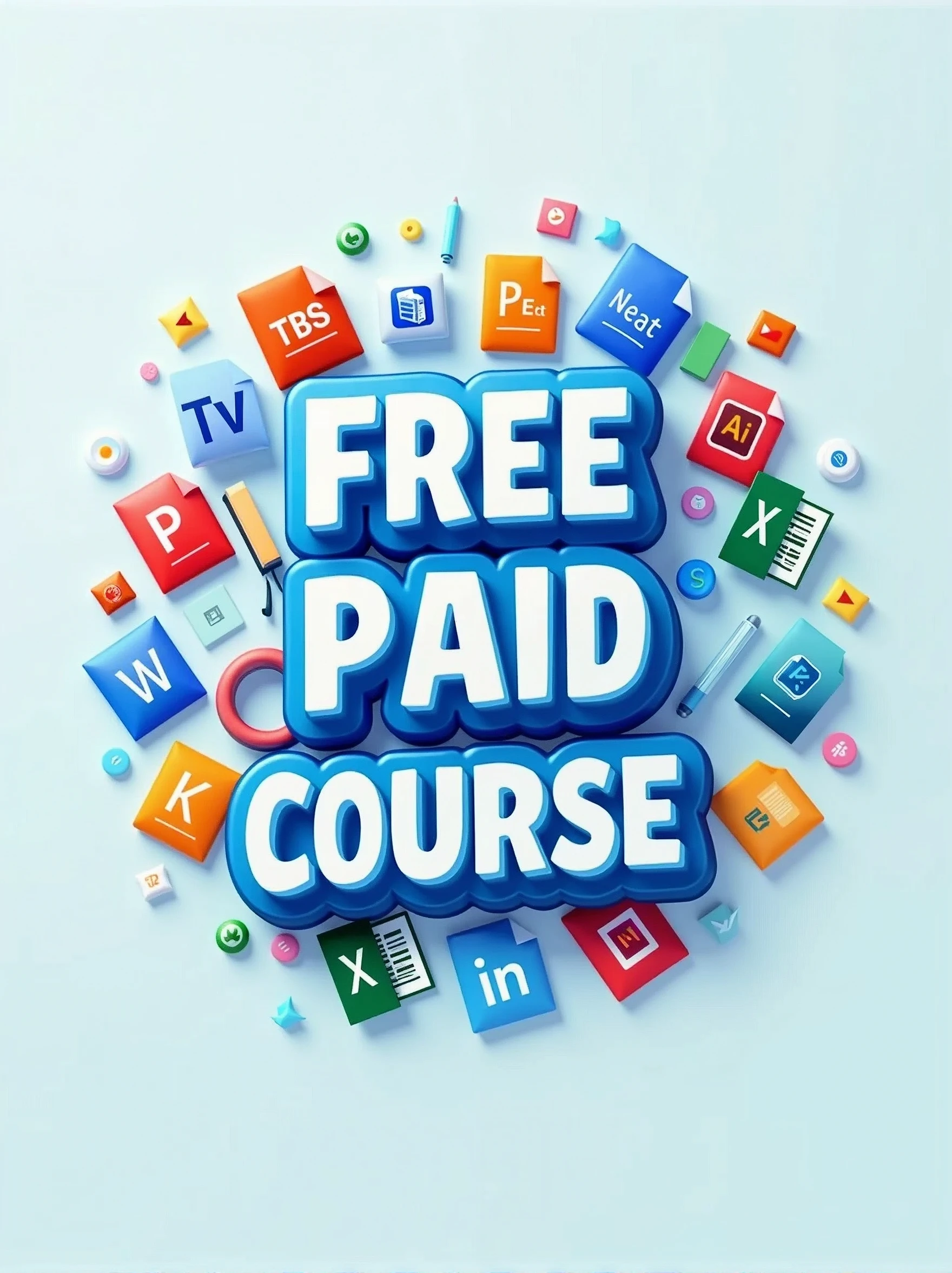 a logo where write free paid course ,,bacground differentt small graphics object like microsoft word ,powerpoint,excel,photosop,capcat,adobe illustrator,3d computer,mobile,, linkedin,website