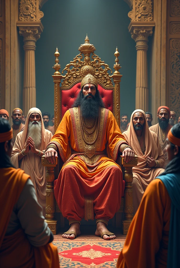 **Justice and Governance**: A detailed image of Shivaji Maharaj implementing justice, perhaps with a courtroom setting where he is seen interacting with his subjects and resolving disputes. In dall e-3 style
