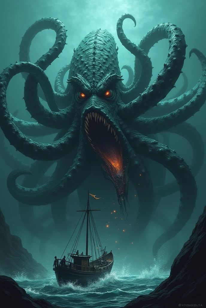 Very angry Kraken, at the bottom of the sea pulling boat