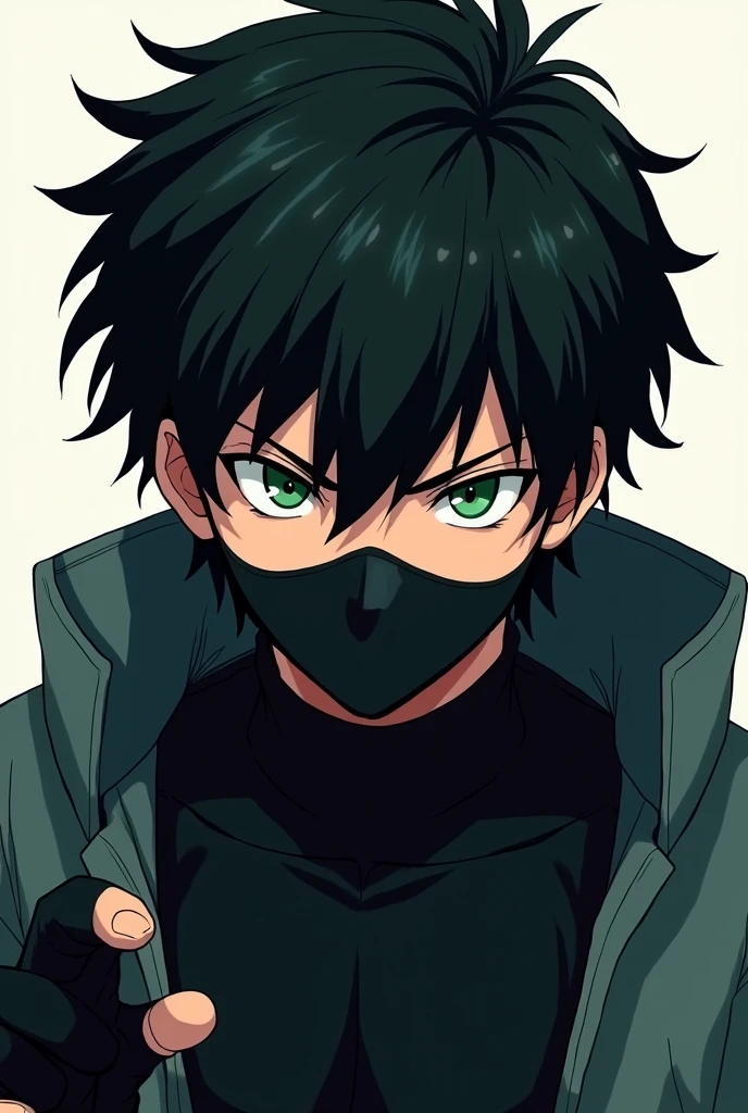 25 year old adult male anime style with black hair green eyes wearing a black face mask and fingerless gloves with a serious expression