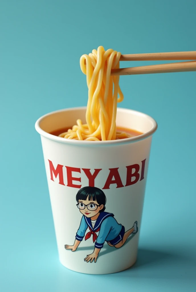 an elegant noodle cup, Capital letter cup says "MIEYABI" and medium letter says "Bikin" "Tegang", and a cup with a picture of a beautiful Indonesian woman, extra big jumbo fat body, donning metal frame glasses and a sailor suit, in a crawling pose, pastel colored noodle cup around it, noodle cup showing noodles coming out. studio blue background. very detailed. amazing. fantastic. photography. cinematic, photorealistic. focus MIEYABI, Bikin Tegang, very focused