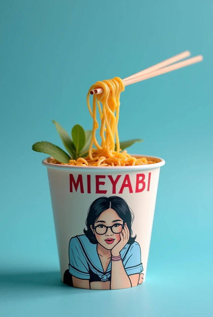 an elegant noodle cup, Capital letter cup says "MIEYABI" and medium letter says "Bikin" "Tegang", and a cup with a picture of a beautiful Indonesian woman, extra big jumbo fat body, donning metal frame glasses and a sailor suit, in a crawling pose, pastel colored noodle cup around it, noodle cup showing noodles coming out. studio blue background. very detailed. amazing. fantastic. photography. cinematic, photorealistic. focus MIEYABI, Bikin Tegang, very focused