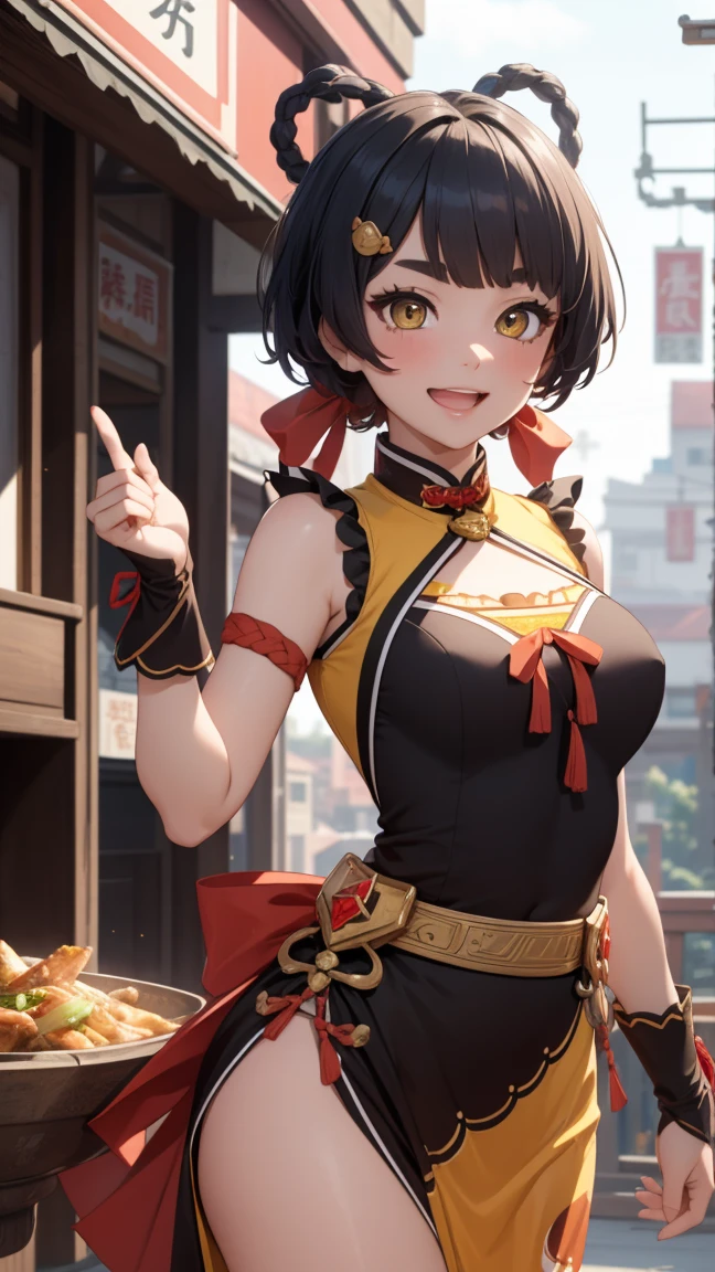 masterpiece, top quality, high detailed, detailed face, bright Eyes, outdoor, blurred background, dynamic poses, dynamic angle, (from the front),standing, (small breasts),(pokies),(see through dress),(Looking forward:1.5), xianglingdef,joyful, laughing, hot and spicy, happy, in a old traditional Chinese restaurant