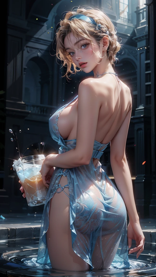 a male, big butt, big breast, hiding hands, filler-lips , extremely short blonde male style hair with blue headband, wear a sexy blue dress, holding a bucket of water, front view, Close the center of the image..., light particles, Attention to details, Grandeur and awe, cinema, A stunning visual masterpiece, double exposure, realistic, cinematic scene, Highest quality, 32ก, emphasized, cleavage, lewd, erotic, fancy background
