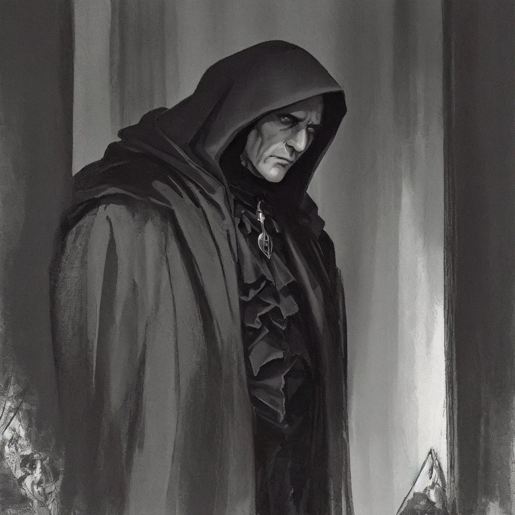 Gothic illustration, in a dark room a man in a black coat and hood, don't show your face too much
