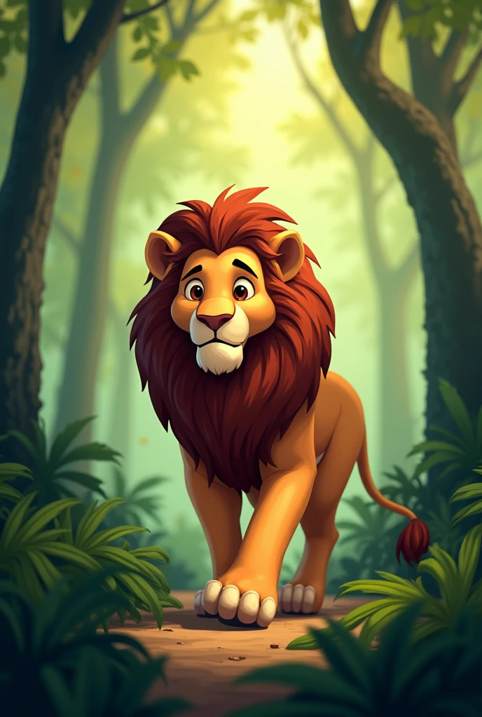 create me a horizontal animated image about a lion walking in the jungle