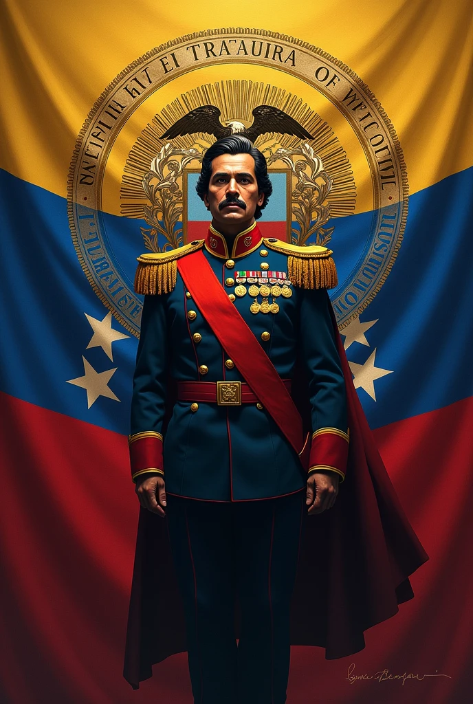 Image of Simon Bolivar liberator of Venezuela with.The flag of Venezuela with the logo of the scientific, criminal and forensic investigation body