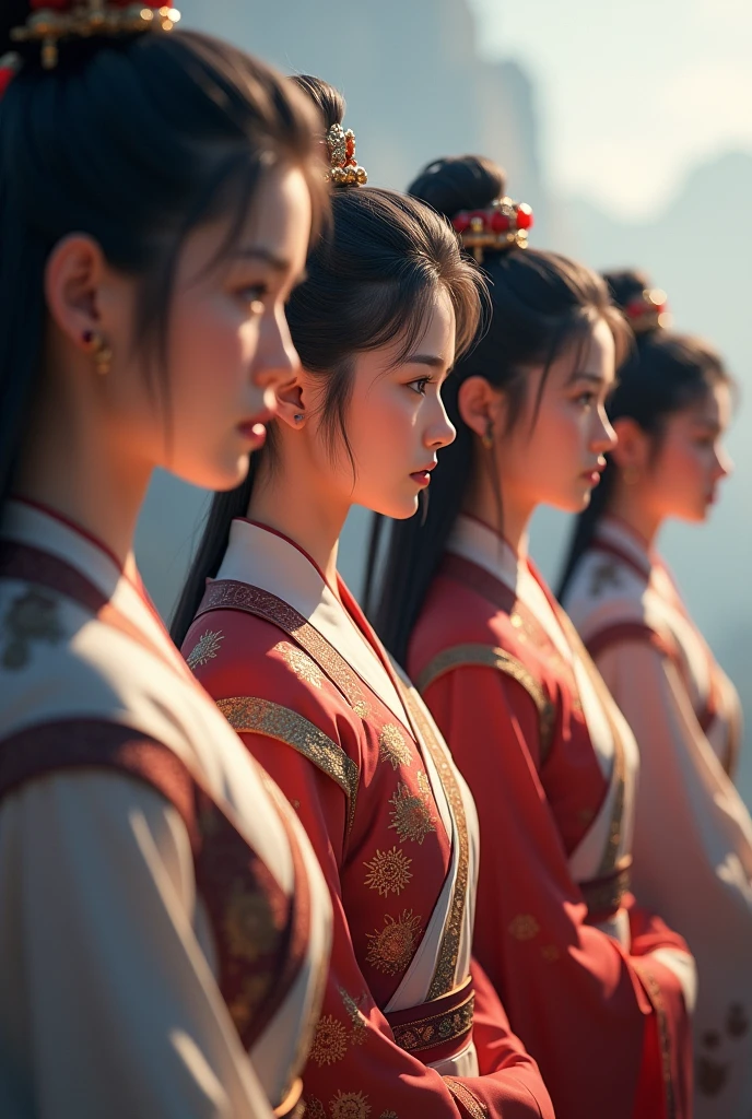 a close up of a group of people standing next to each other, game cg, xianxia fantasy, chinese fantasy, full body wuxia, chinese mmorpg, xianxia hero, korean mmo, wuxia, dynasty warriors, g liulian art style, mmorpg, by Ren Renfa, inspired by Pu Hua, mmorpg fantasy