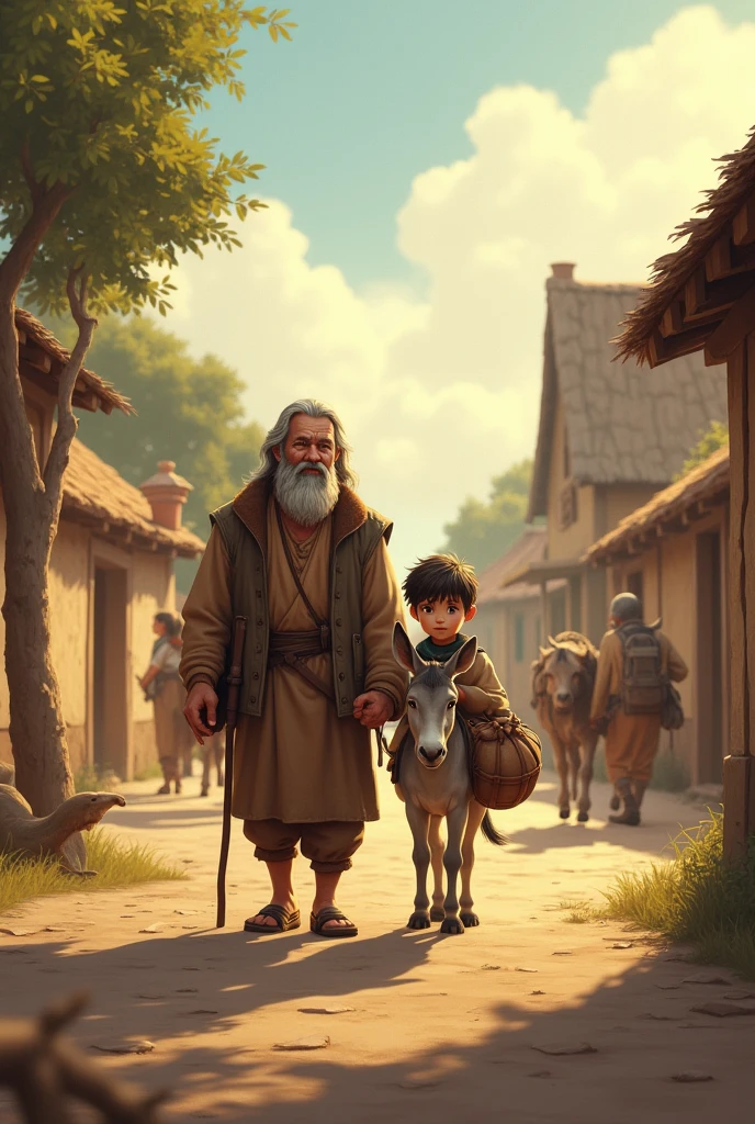 A father and his young adult son had a donkey and they leave their home in older time